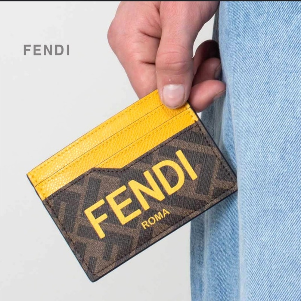 Fendi Brown Monogram Card Case with Yellow Accents